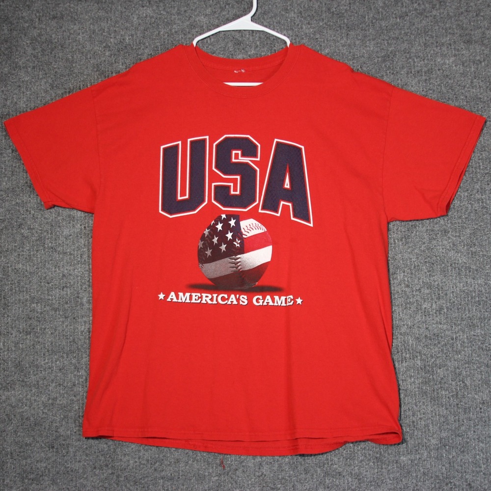 USA Baseball T-Shirt America's Game Patriotic Mens‎ XL Red Short Sleeve
